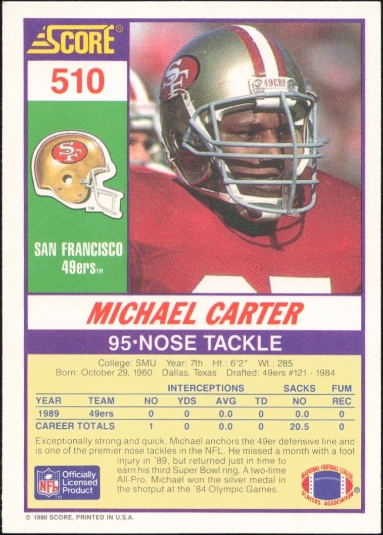 1990 Score Michael Carter #510 football trading card back