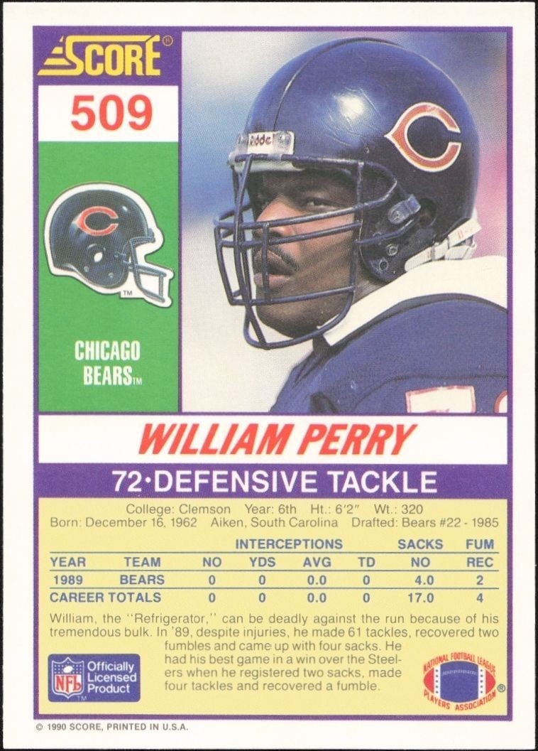 1990 Score William Perry #509 football trading card back