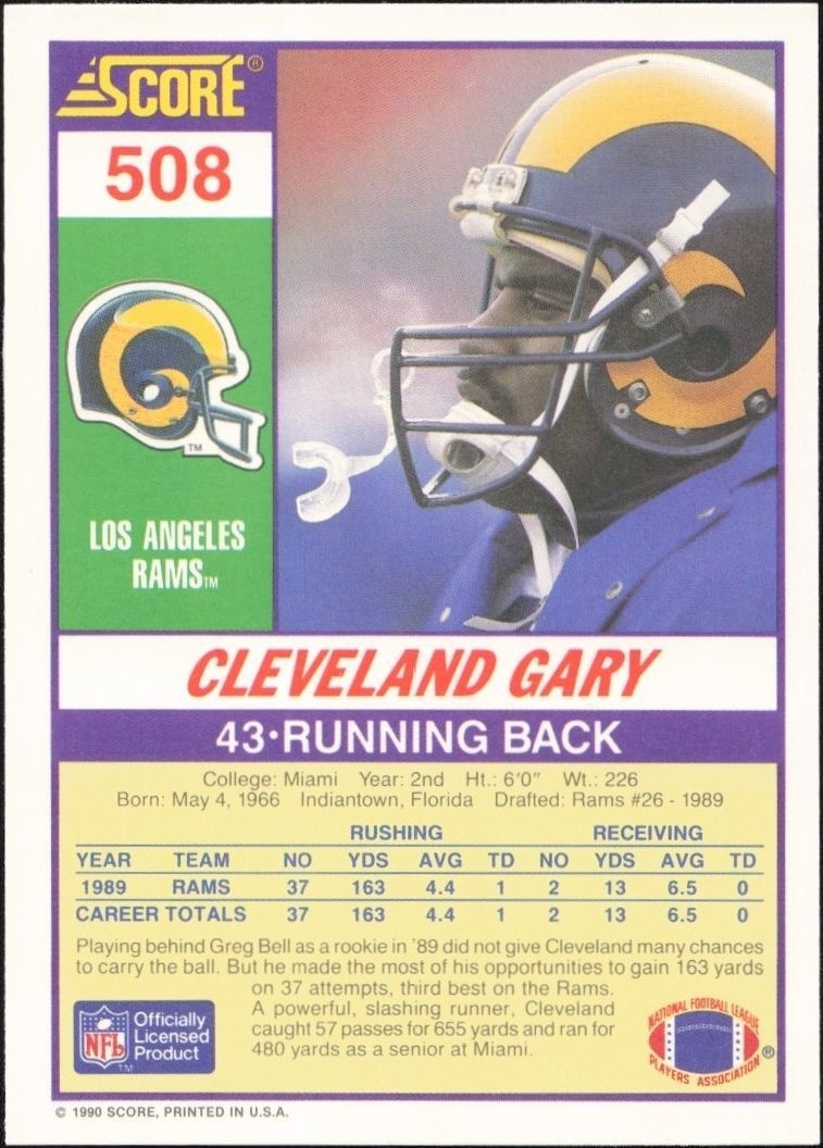 1990 Score Cleveland Gary #508 football trading card back