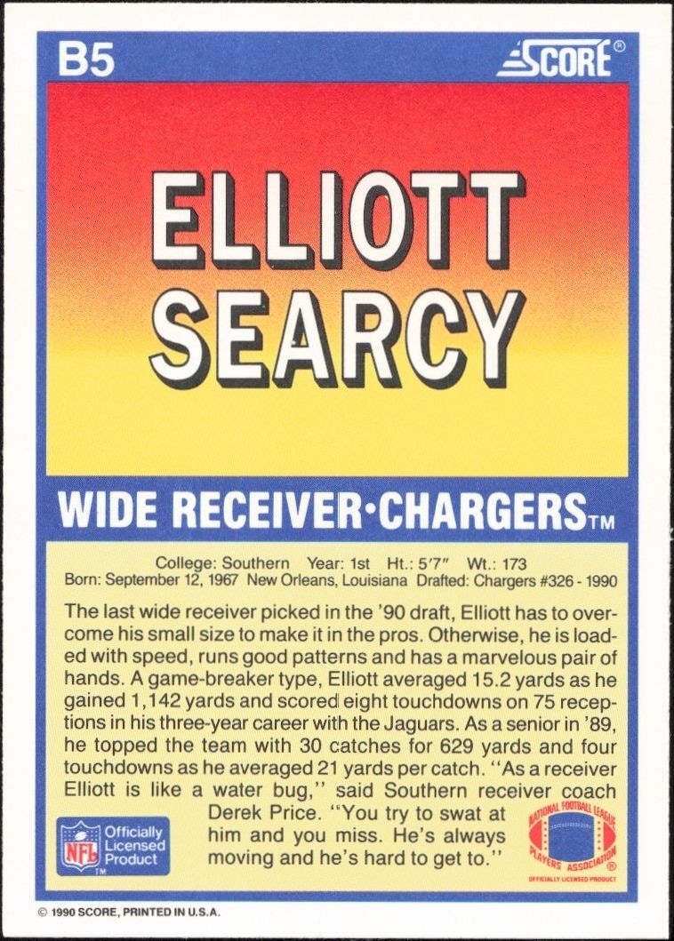 1990 Score Elliott Searcy #B5 football trading card back
