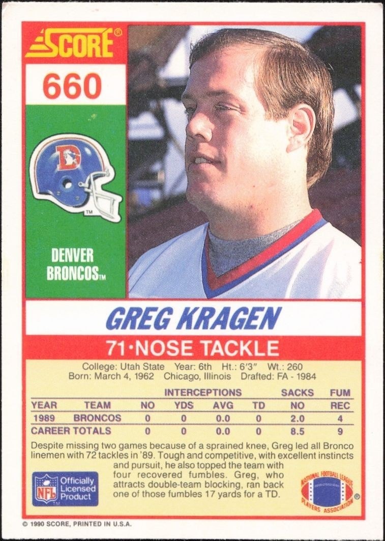 1990 Score Greg Kragen #660 football trading card back
