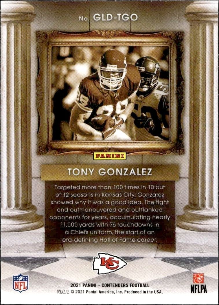 2021 Panini Contenders Tony Gonzalez #GLD-TGO football trading card back