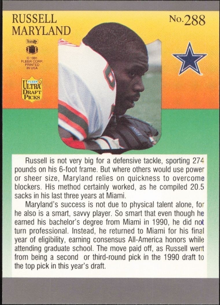 1991 Fleer Ultra Russell Maryland #288 football trading card back