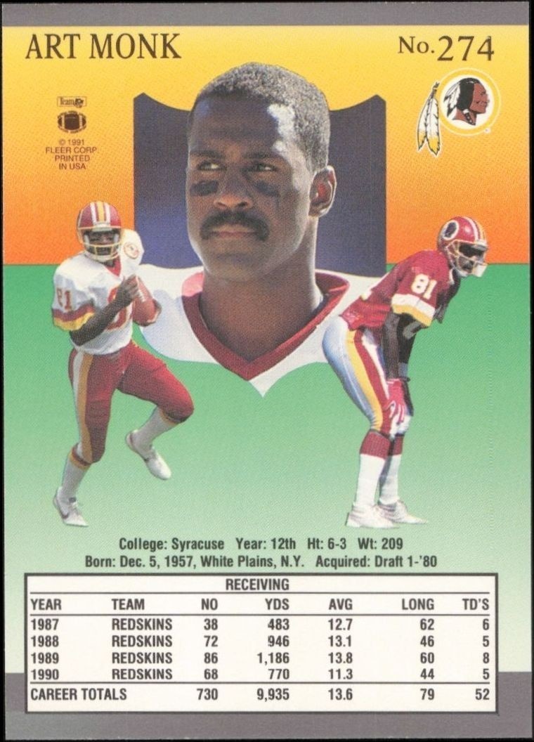 1991 Fleer Ultra Art Monk #274 football trading card back