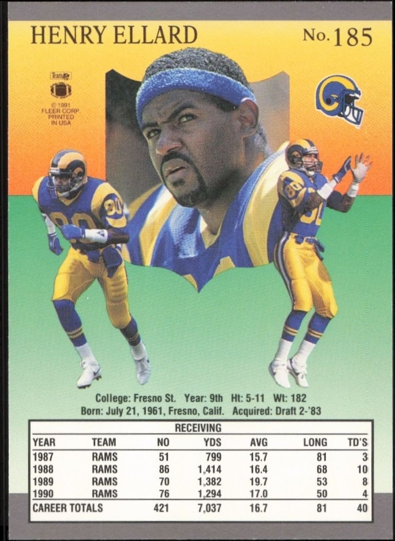 1991 Fleer Ultra Henry Ellard #185 football trading card back