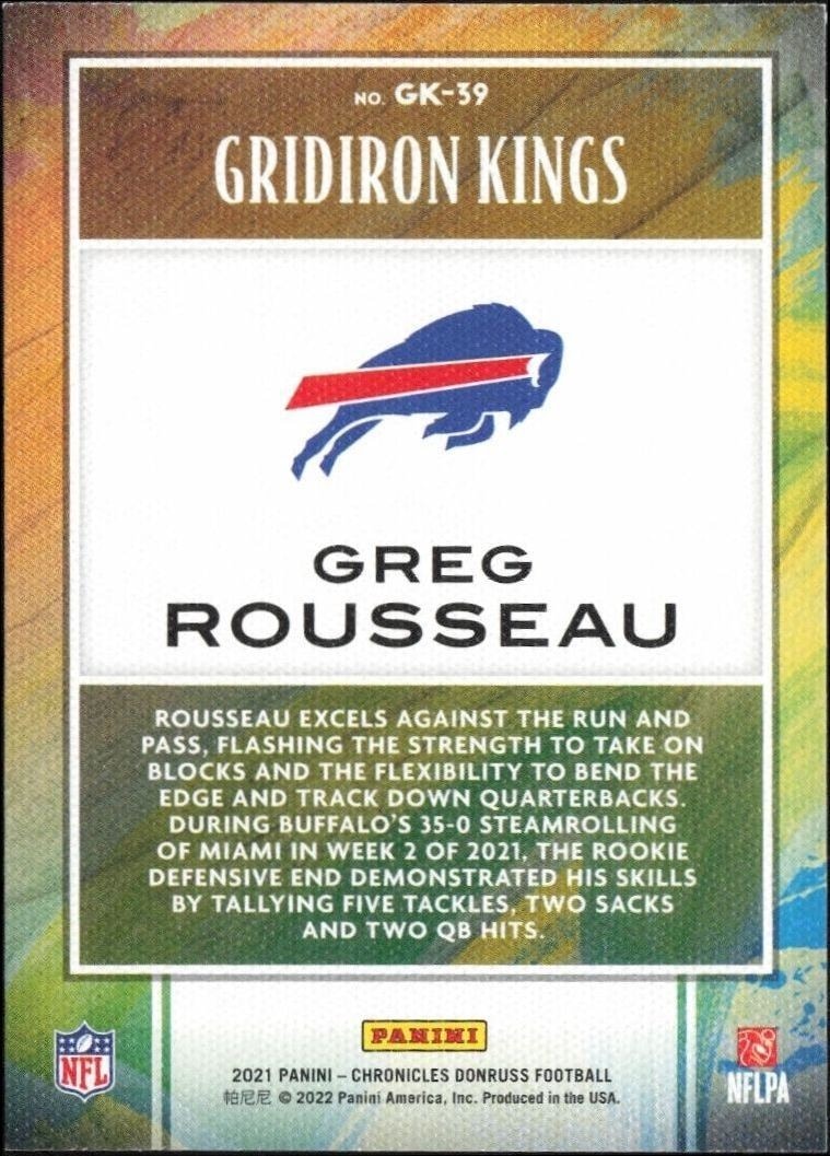 2021 Panini Chronicles Greg Rousseau #GK-39 football trading card back