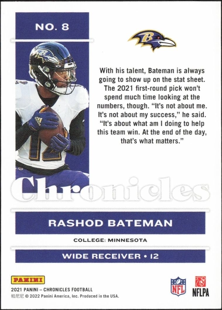 2021 Panini Chronicles Rashod Bateman #8 football trading card back