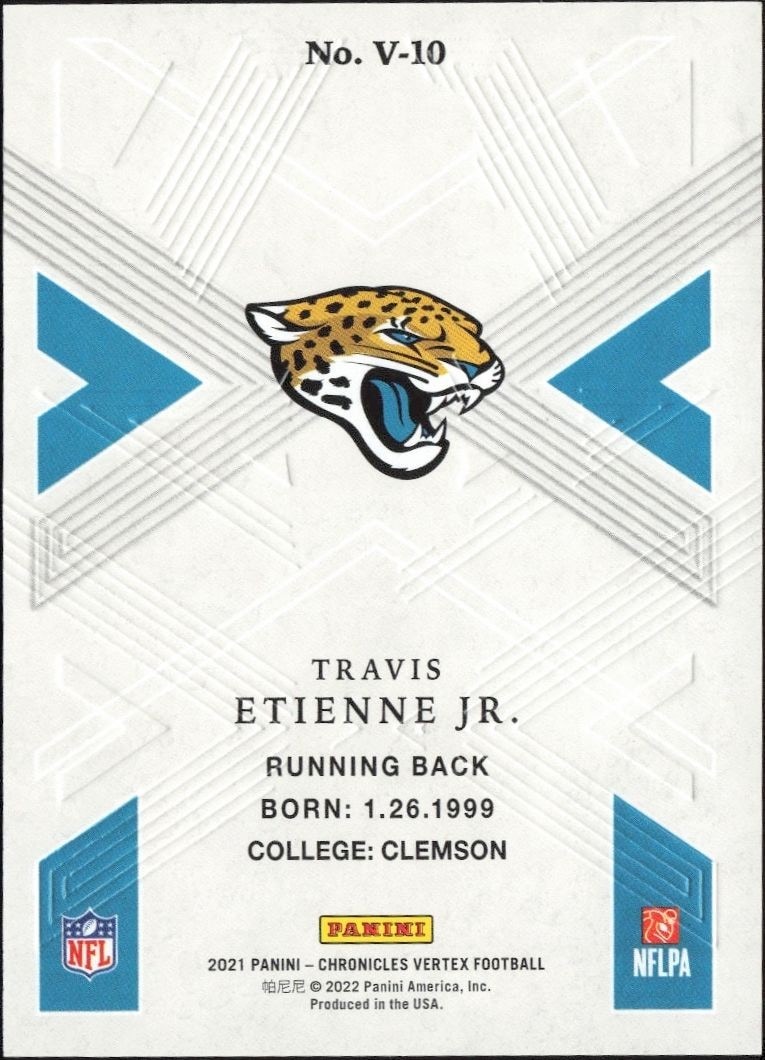 2021 Panini Chronicles Travis Etienne Jr. #V-10 football trading card back