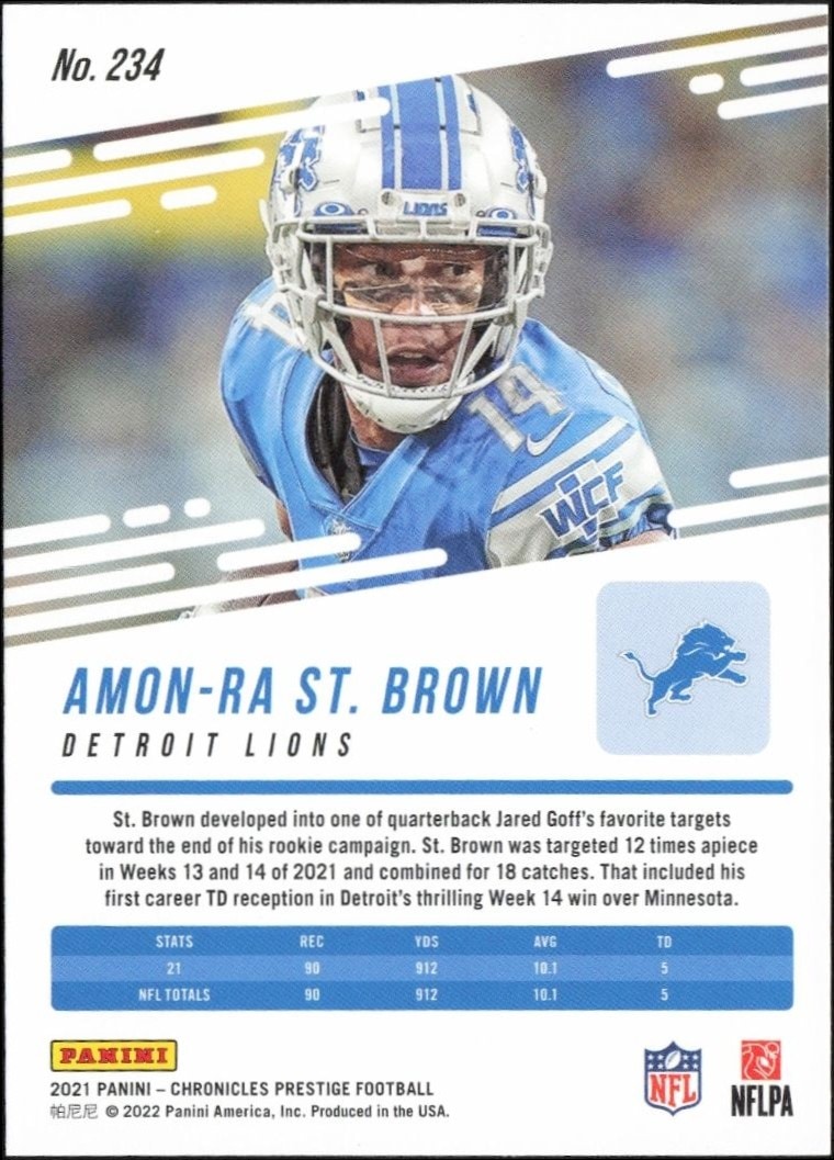 2021 Panini Chronicles Amon-Ra St. Brown #234 football trading card back
