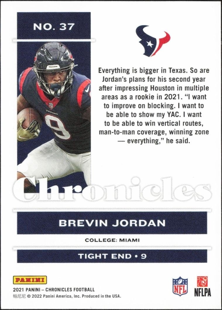 2021 Panini Chronicles Brevin Jordan #37 football trading card back
