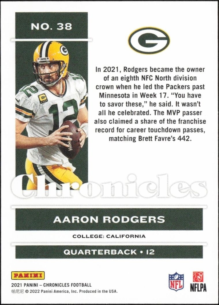 2021 Panini Chronicles Aaron Rodgers #38 football trading card back