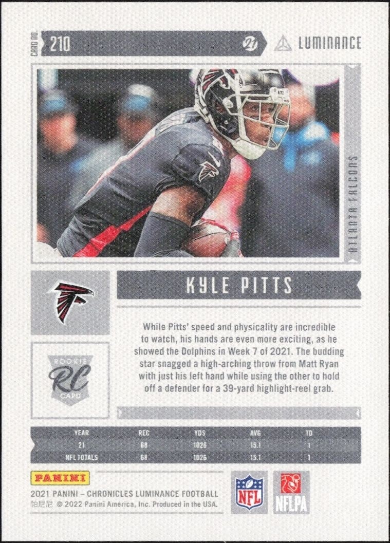 2021 Panini Chronicles Kyle Pitts #210 football trading card back