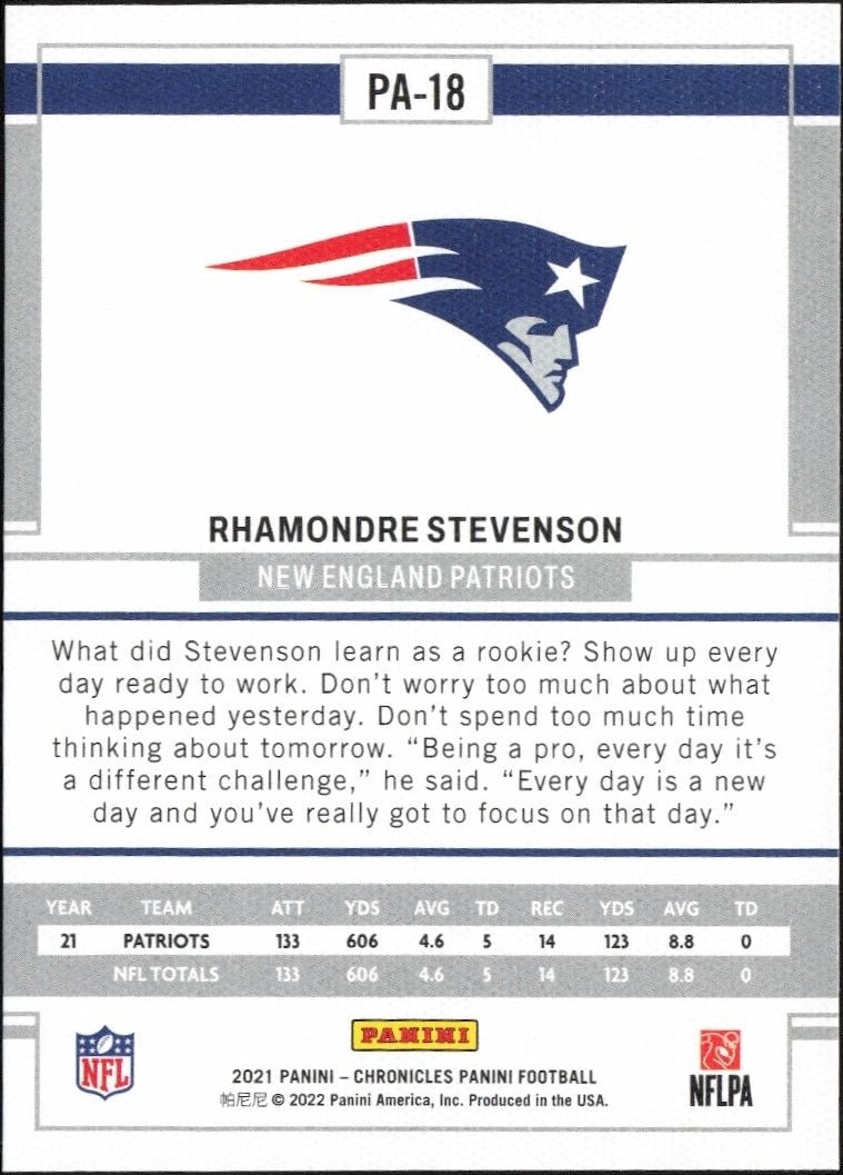 2021 Panini Chronicles Rhamondre Stevenson #PA-18 football trading card back