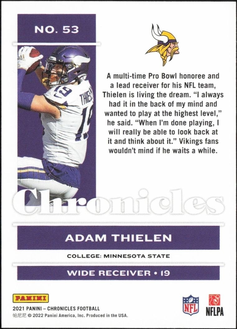 2021 Panini Chronicles Adam Thielen #53 football trading card back