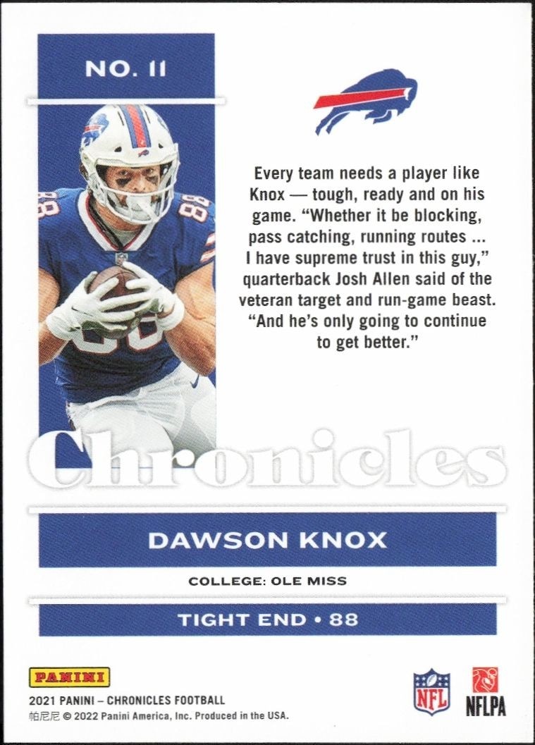 2021 Panini Chronicles Dawson Knox #11 football trading card back