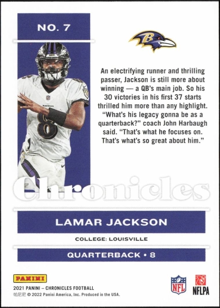 2021 Panini Chronicles Lamar Jackson #7 football trading card back
