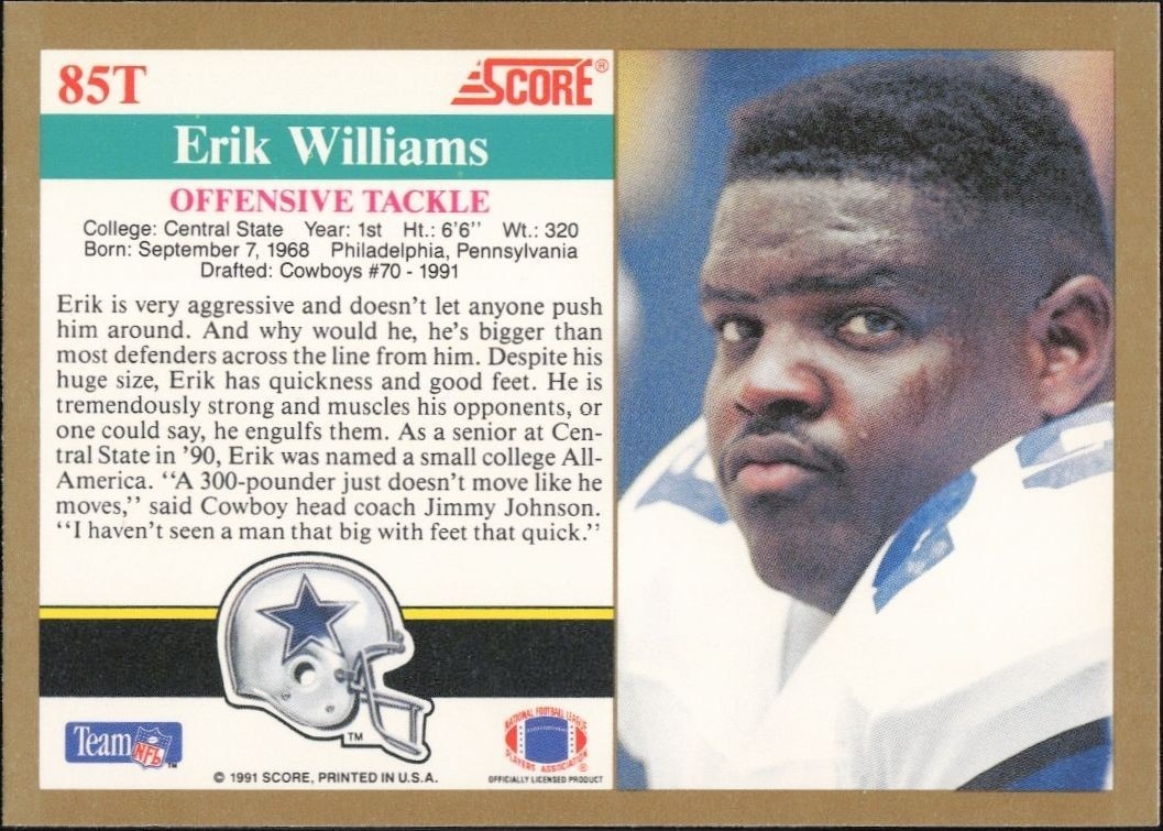 1991 Score Supplemental Erik Williams #85T football trading card back