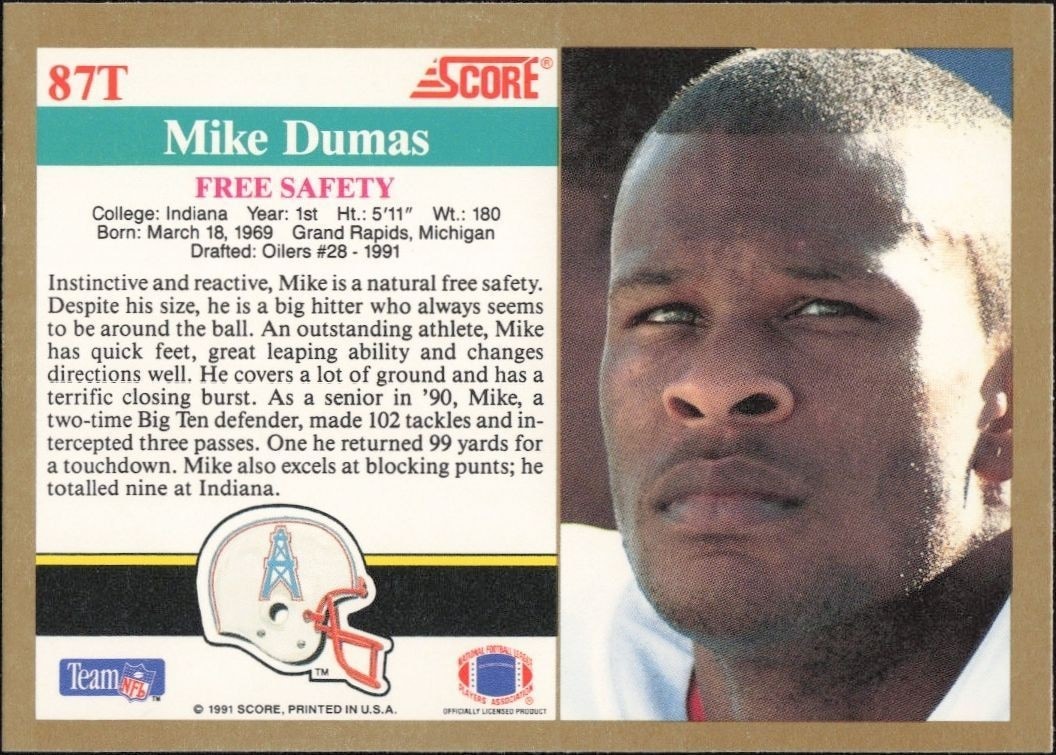 1991 Score Supplemental Mike Dumas #87T football trading card back