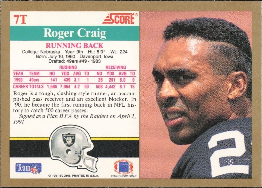 1991 Score Supplemental Roger Craig #7T football trading card back