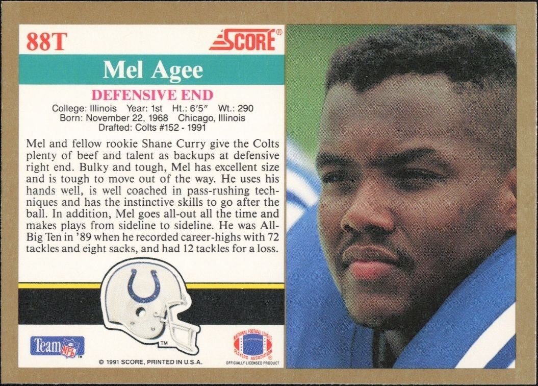 1991 Score Supplemental Mel Agee #88T football trading card back