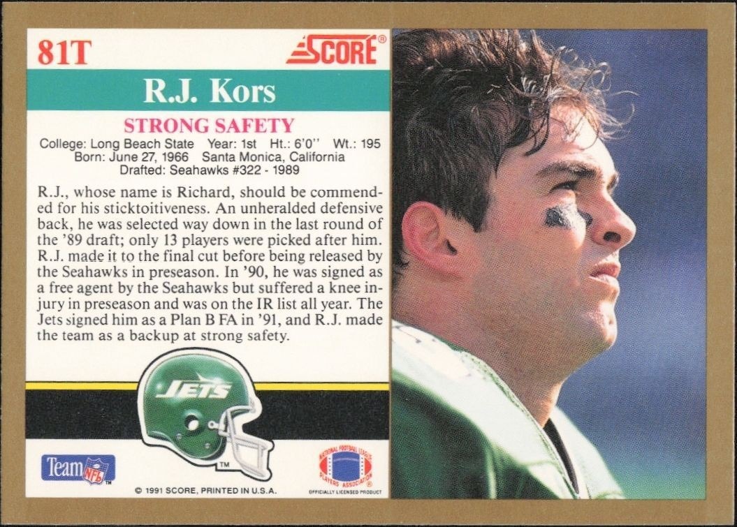 1991 Score Supplemental R.j. Kors #81T football trading card back