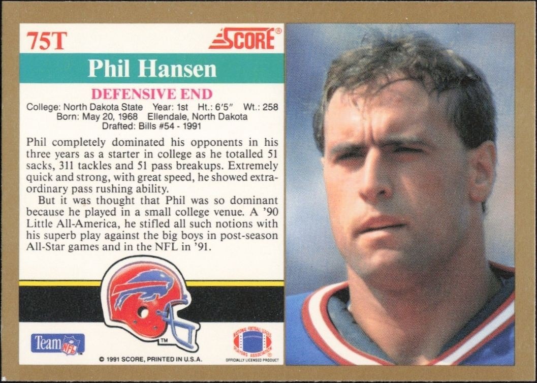 1991 Score Supplemental Phil Hansen #75T football trading card back