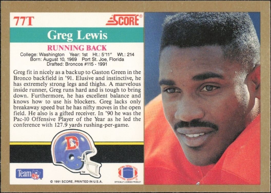 1991 Score Supplemental Greg Lewis #77T football trading card back