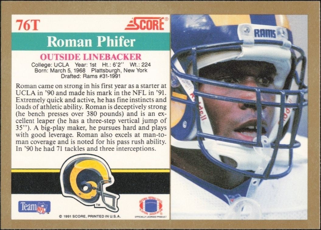 1991 Score Supplemental Roman Phifer #76T football trading card back
