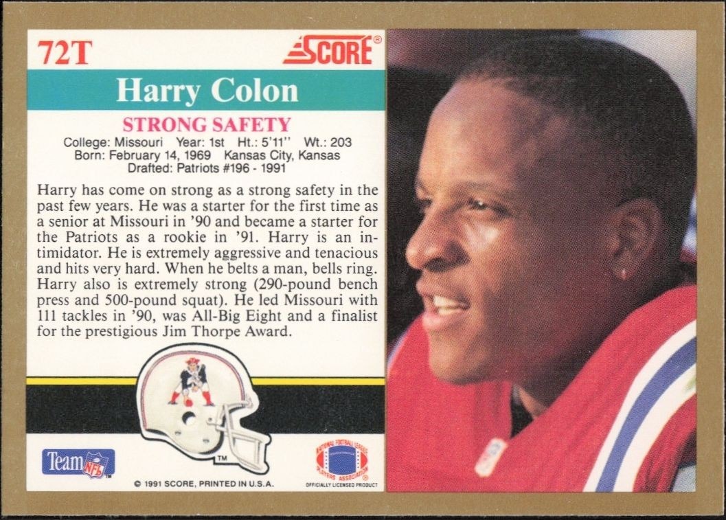 1991 Score Supplemental Harry Colon #72T football trading card back