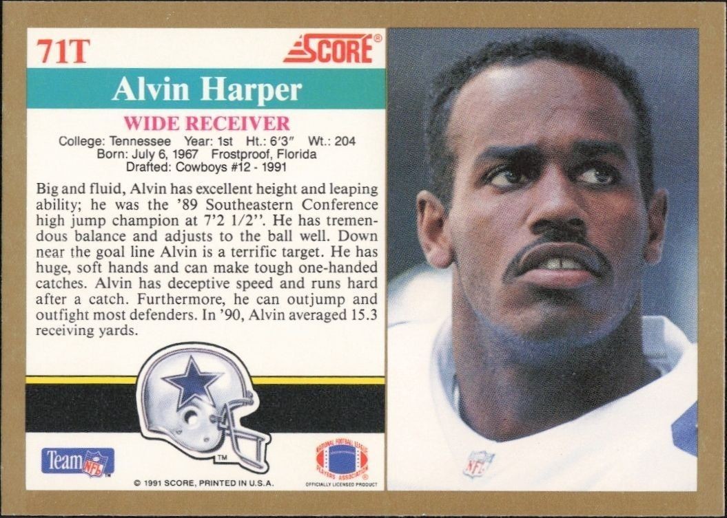 1991 Score Supplemental Alvin Harper #71T football trading card back