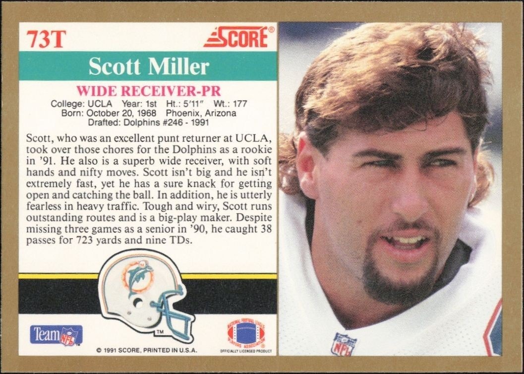 1991 Score Supplemental Scott Miller #73T football trading card back