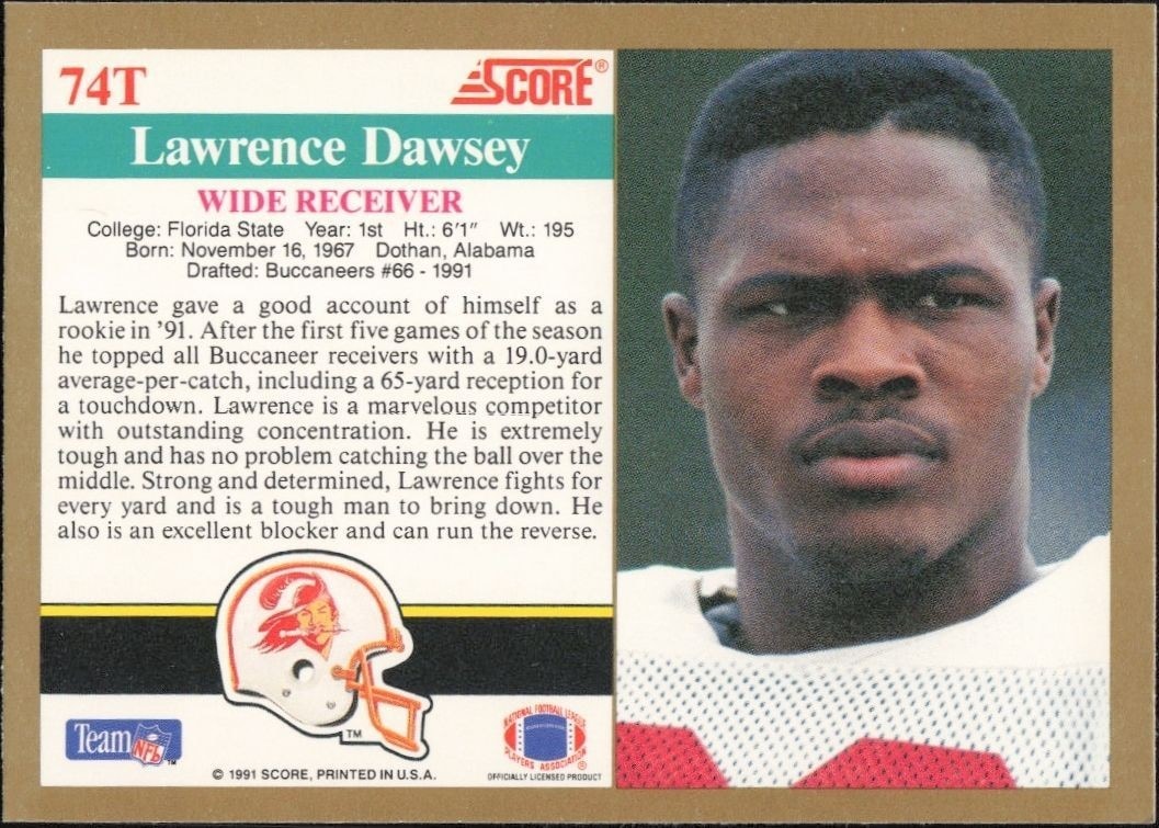 1991 Score Supplemental Lawrence Dawsey #74T football trading card back