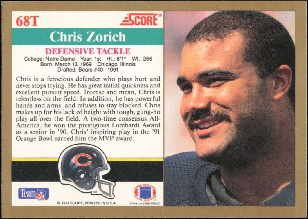 1991 Score Supplemental Chris Zorich #68T football trading card back