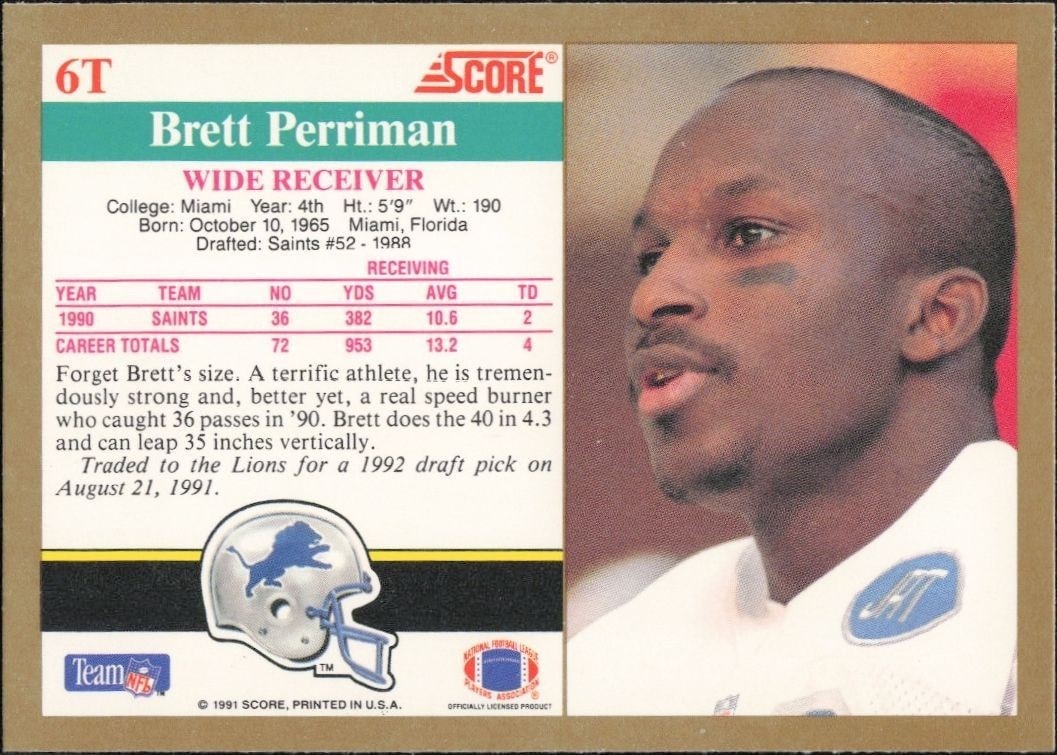 1991 Score Supplemental Brett Perriman #6T football trading card back