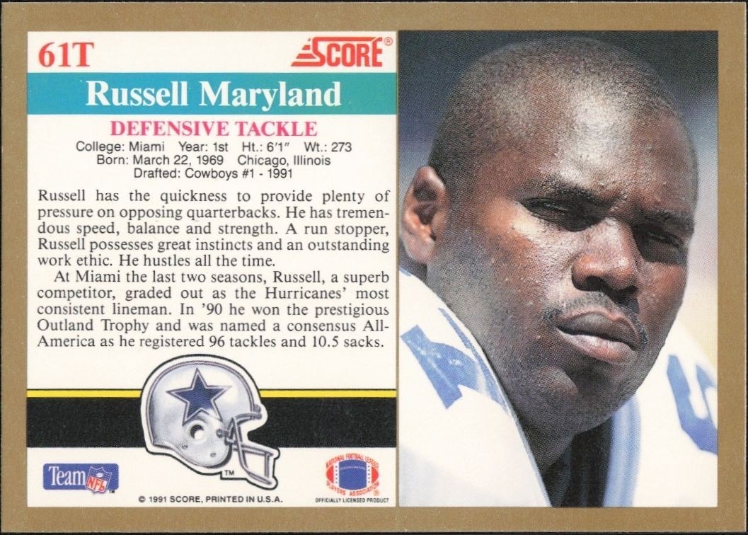 1991 Score Supplemental Russell Maryland #61T football trading card back