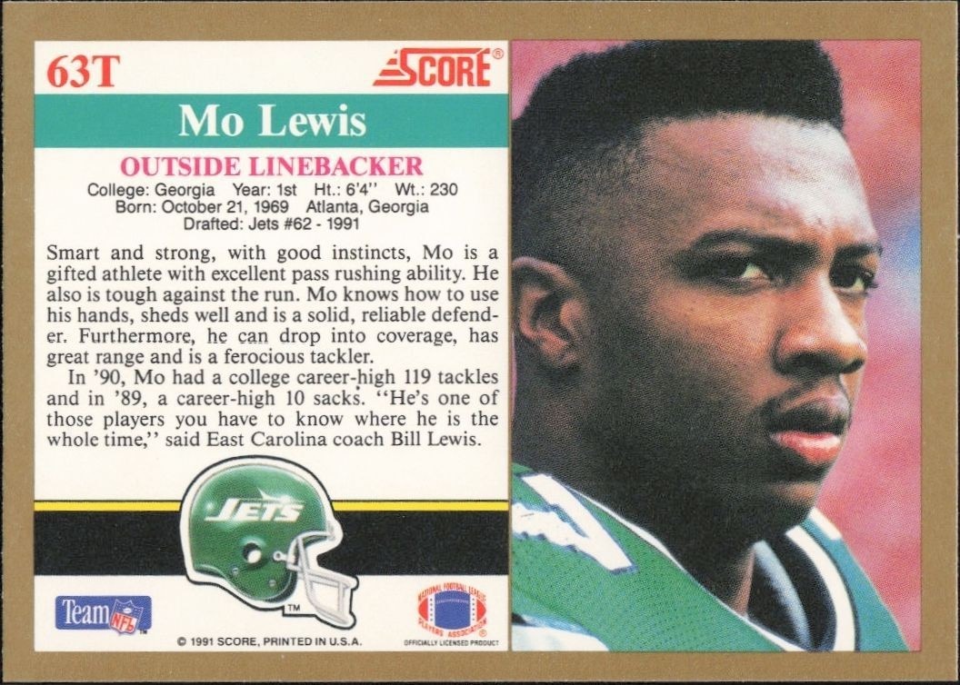 1991 Score Supplemental Mo Lewis #63T football trading card back