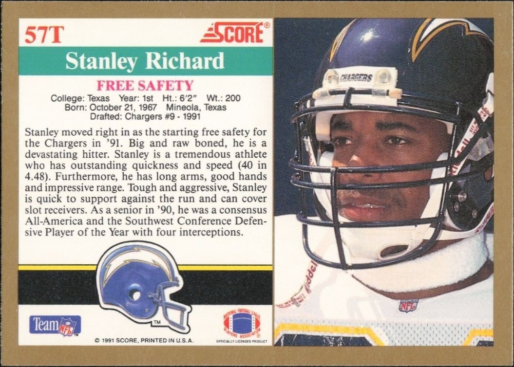 1991 Score Supplemental Stanley Richard #57T football trading card back