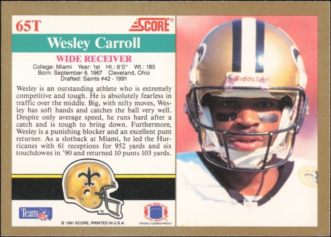 1991 Score Supplemental Wesley Carroll #65T football trading card back
