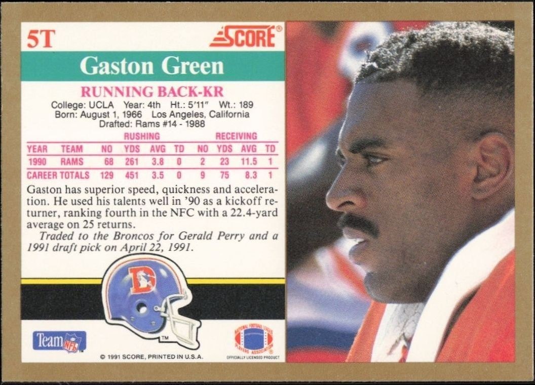 1991 Score Supplemental Gaston Green #5T football trading card back