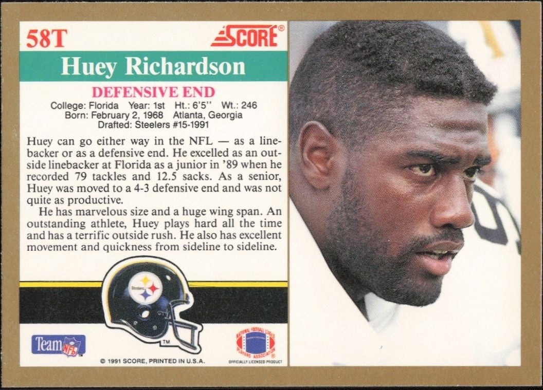 1991 Score Supplemental Huey Richardson #58T football trading card back