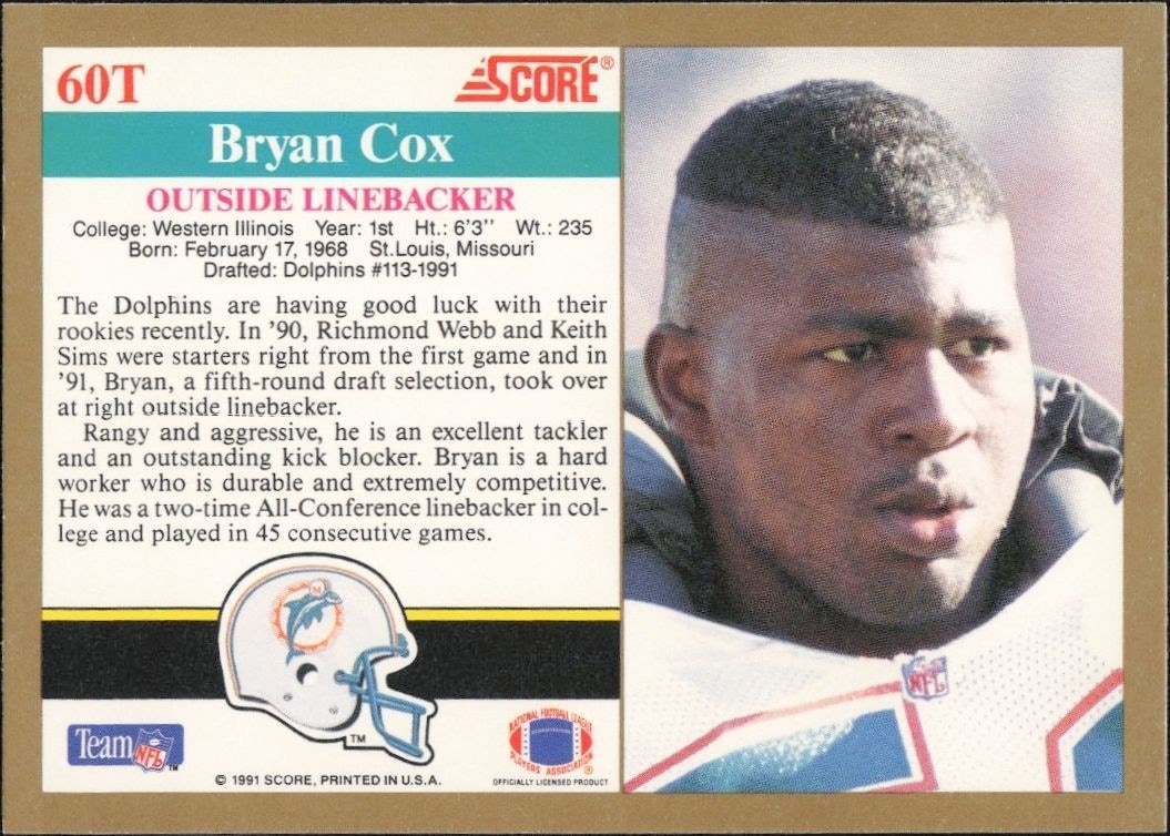 1991 Score Supplemental Bryan Cox #60T football trading card back