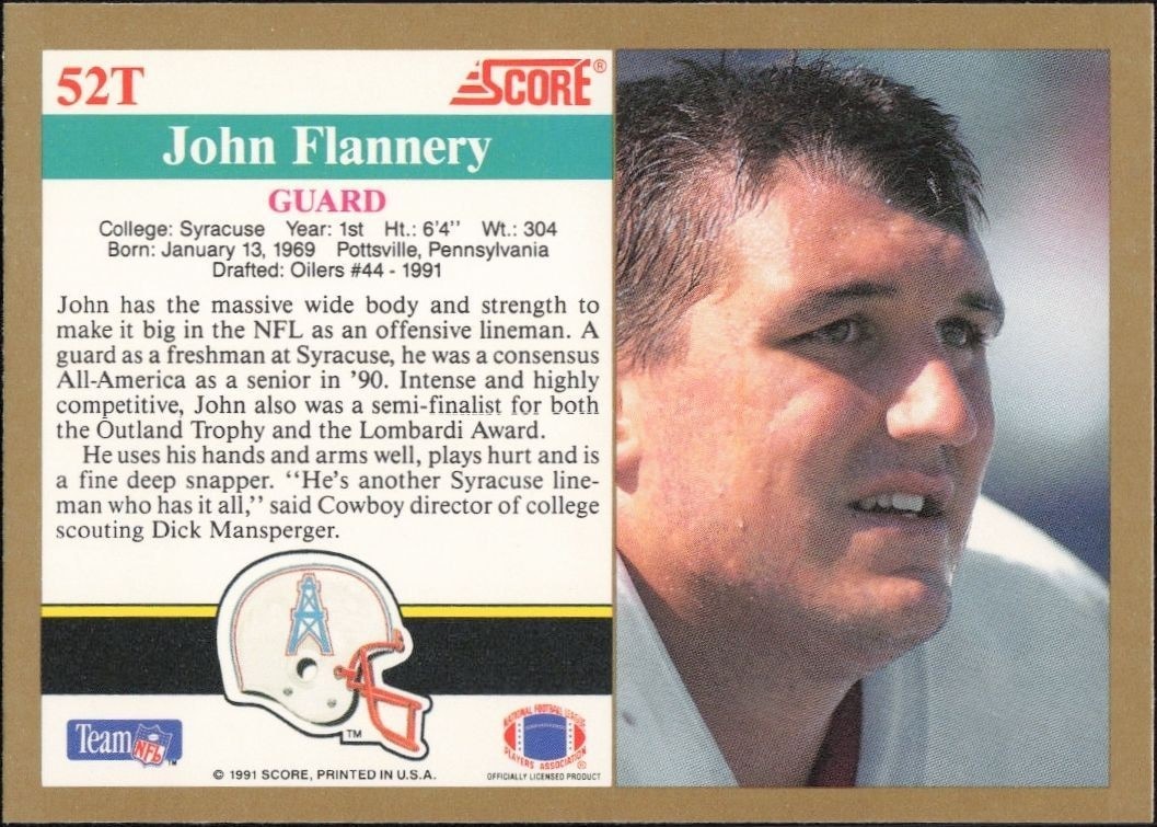 1991 Score Supplemental John Flannery #52T football trading card back