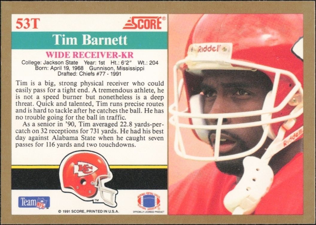 1991 Score Supplemental Tim Barnett #53T football trading card back