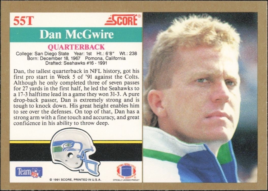 1991 Score Supplemental Dan McGwire #55T football trading card back