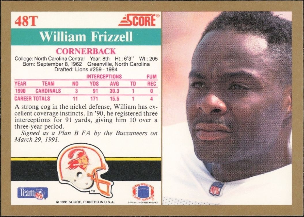 1991 Score Supplemental William Frizzell #48T football trading card back