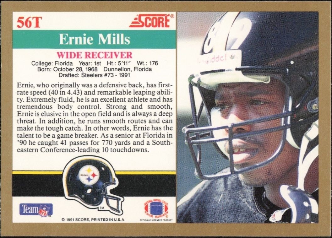 1991 Score Supplemental Ernie Mills #56T football trading card back