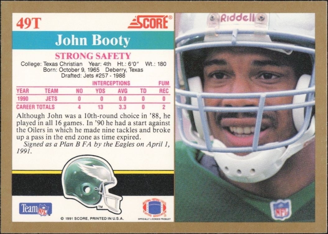 1991 Score Supplemental John Booty #49T football trading card back