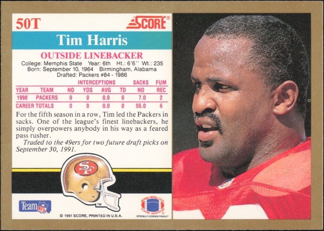 1991 Score Supplemental Tim Harris #50T football trading card back