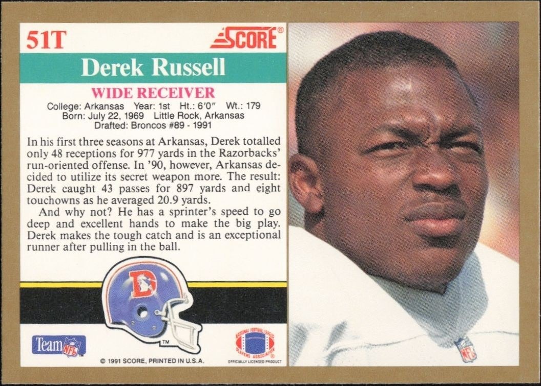 1991 Score Supplemental Derek Russell #51T football trading card back