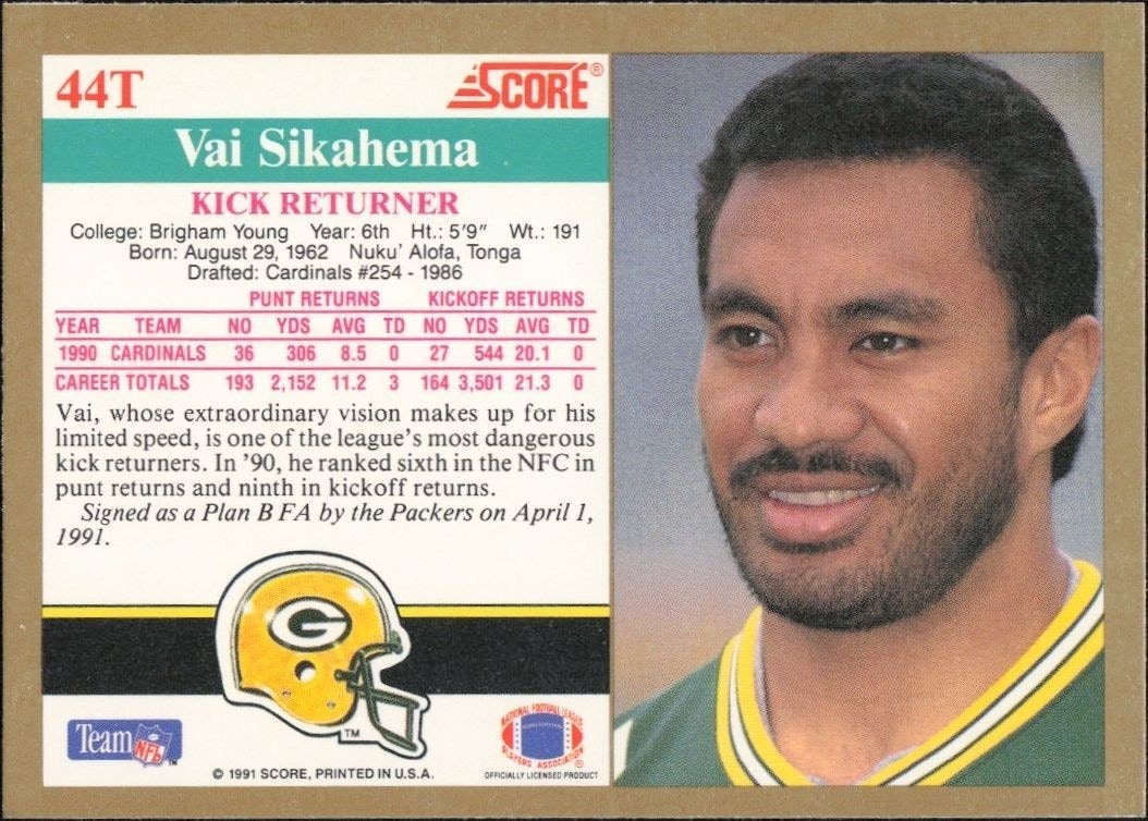 1991 Score Supplemental Vai Sikahema #44T football trading card back